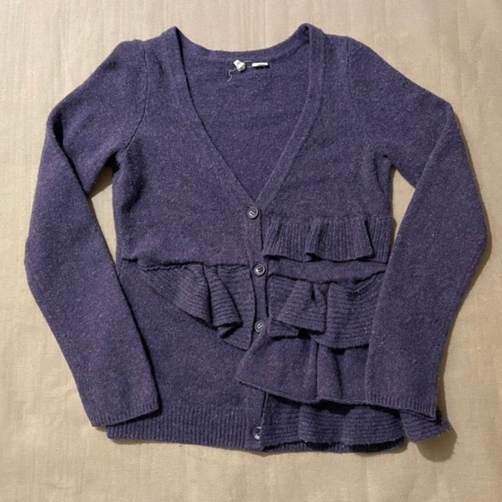 Anthropologie Moth Split Decision Wool Cardigan Sweater Sz M Plum Purple Ruffles